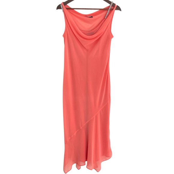 Vintage Y2K Suzanne Grae Slip Midi Dress M Cowl Neck Peach Sparkle Fairy Core - Picture 1 of 6